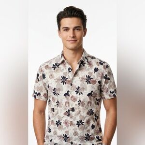 Bonobos White Short-Sleeve Floral Button-Up Shirt with Black and Brown Flowers
